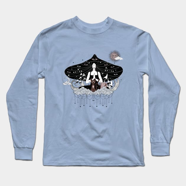 Meditating mushroom witch Long Sleeve T-Shirt by MonochromeEcho